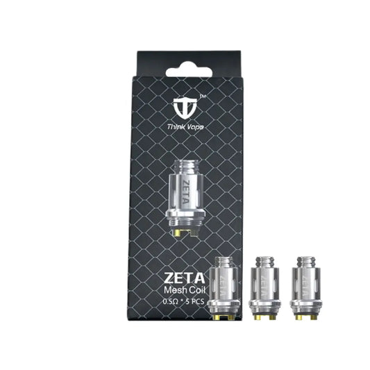 Three silver Think Vape Zeta replacement 0.5 ohm with coils and box, gold contacts, aligned horizontally on a white background.