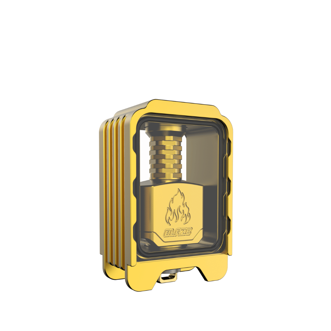 Gold Thunderhead Creations Blaze RBA Sliding Boro Tank with flame logo.
