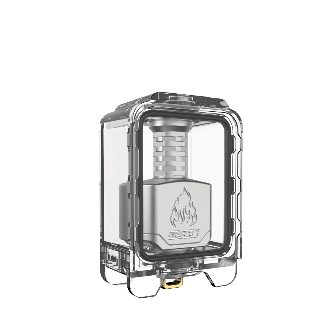 Transparent Thunderhead Creations Blaze RBA tank with a flame logo on the side.
