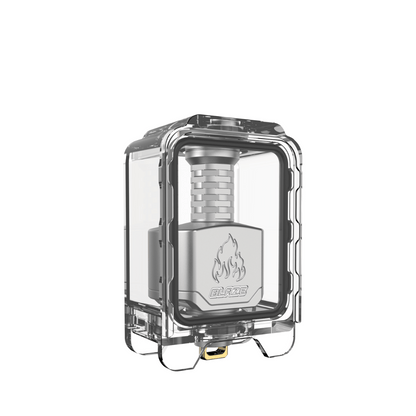 Transparent Thunderhead Creations Blaze RBA tank with a flame logo on the side.