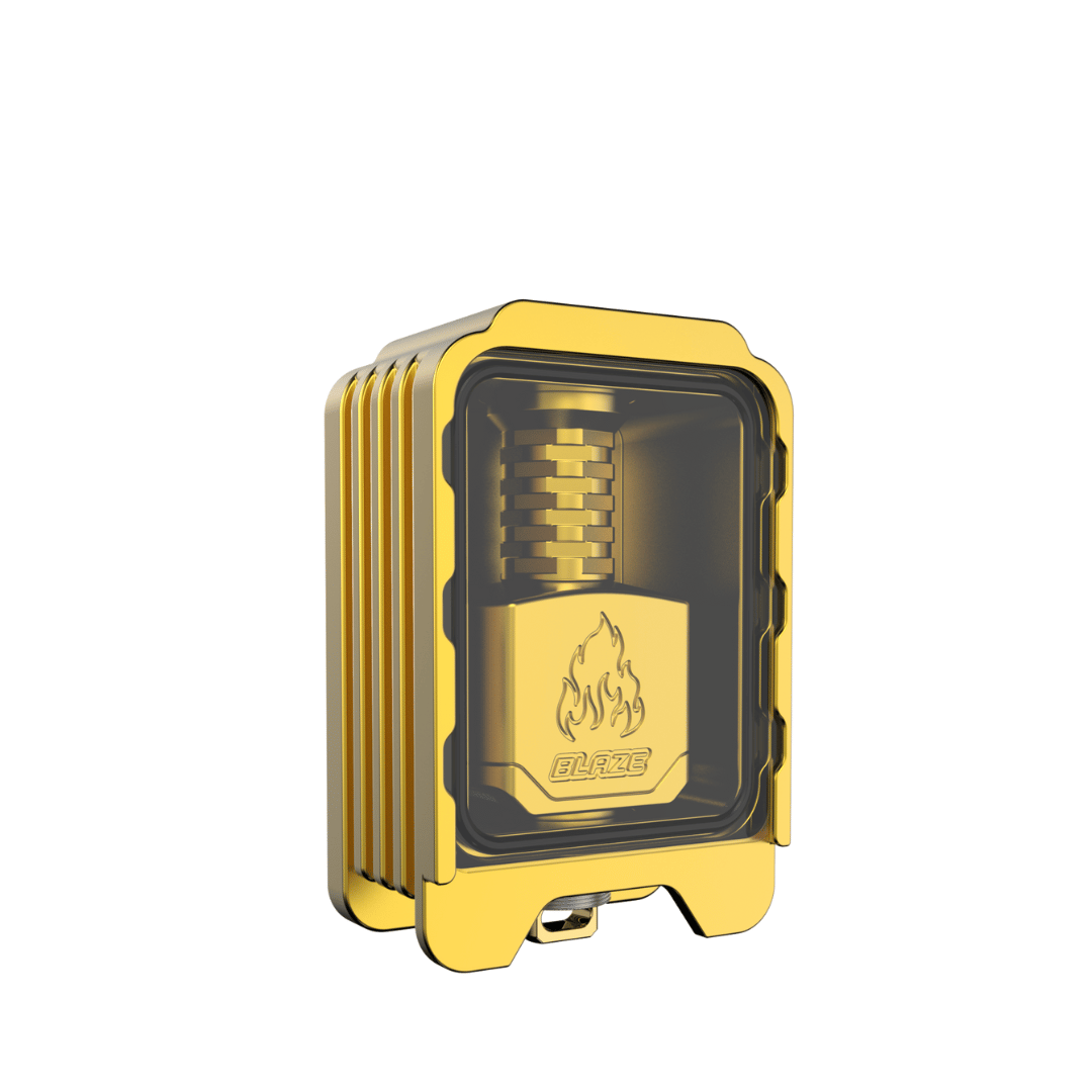 Gold Thunderhead Creations Blaze RBA sliding Boro tank with flame design.