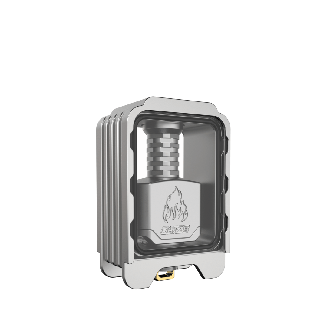 Thunderhead Creations Blaze RBA Sliding Boro Tank in stainless steel, with flame logo.