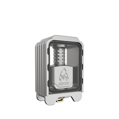 Thunderhead Creations Blaze RBA Sliding Boro Tank in stainless steel, with flame logo.