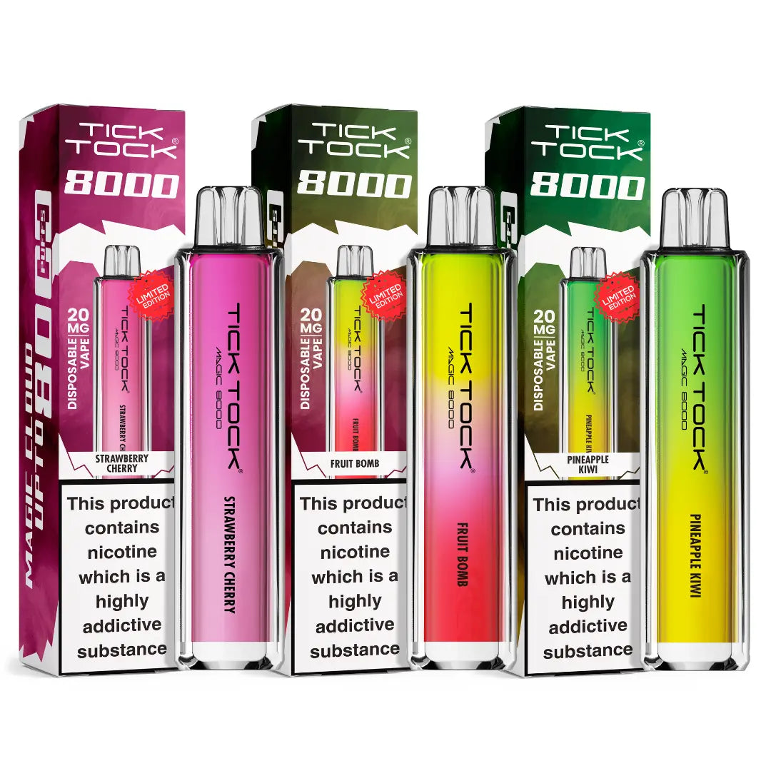 Tick Tock 8000 Magic Vape Kit in Strawberry Cherry, Fruit Bomb, and Pineapple Kiwi Flavour