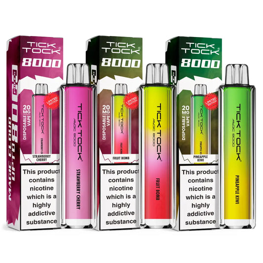 Tick Tock 8000 Magic Vape Kit in Strawberry Cherry, Fruit Bomb, and Pineapple Kiwi Flavour