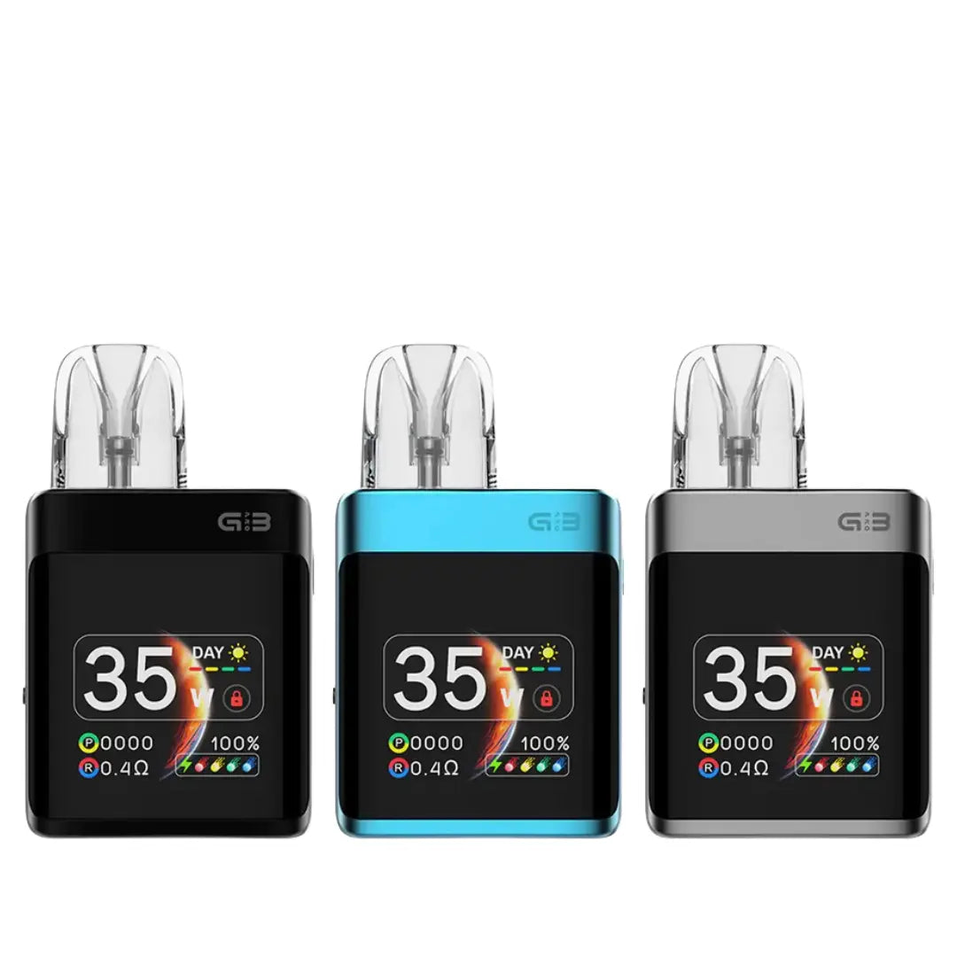 Three Uwell Caliburn G3 KOKO pod vape kits in black, blue, and grey, with digital displays.