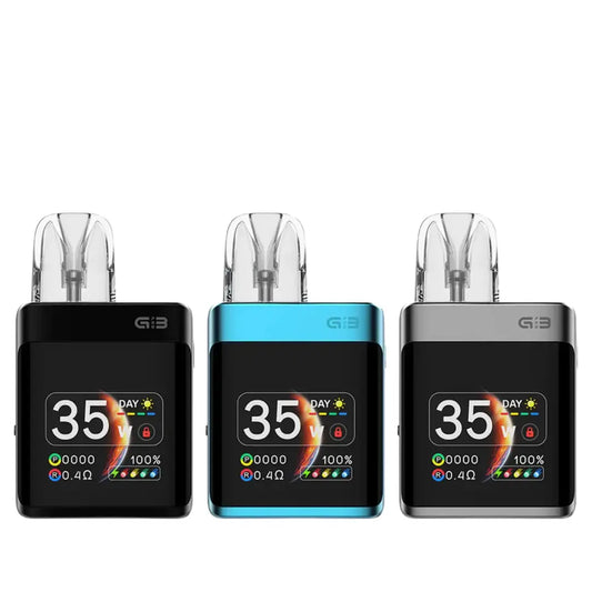 Three Uwell Caliburn G3 KOKO pod vape kits in black, blue, and grey, with digital displays.
