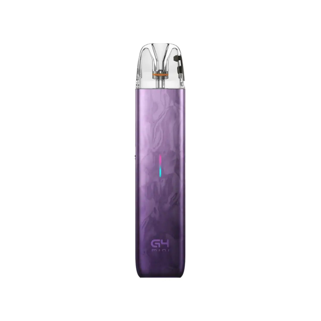 G4 Mini pod vape kit in Phoenix Purple with a transparent top mouthpiece, visible coil, and a vertical LED indicator on the front