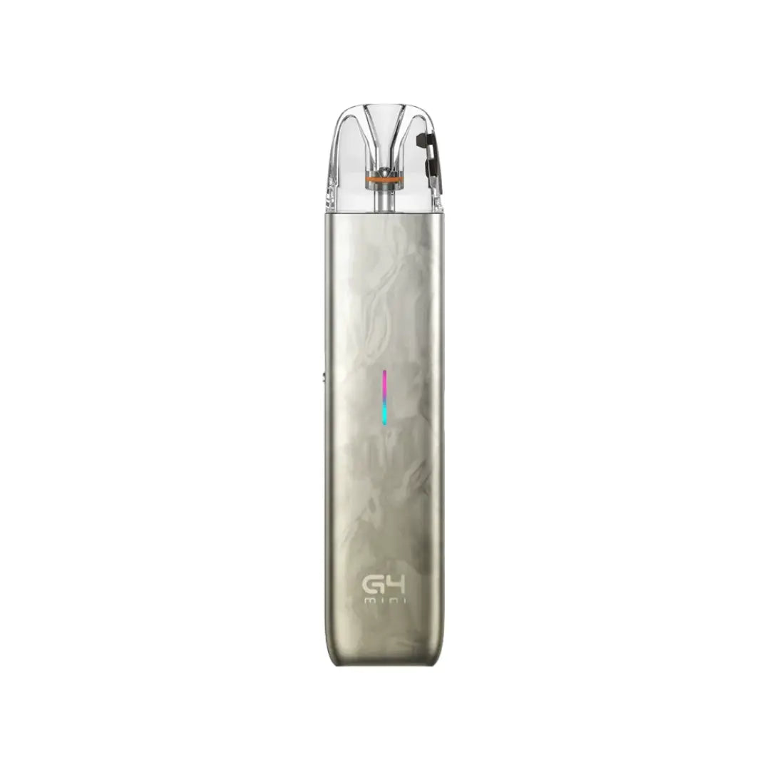 G4 Mini pod vape kit in Champagne Gold with a transparent top mouthpiece, visible coil, and a vertical LED indicator on the front