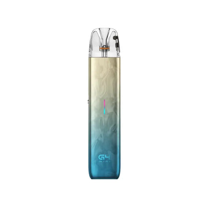 G4 Mini pod vape kit in Coast Gold with a transparent top mouthpiece, visible coil, and a vertical LED indicator on the front