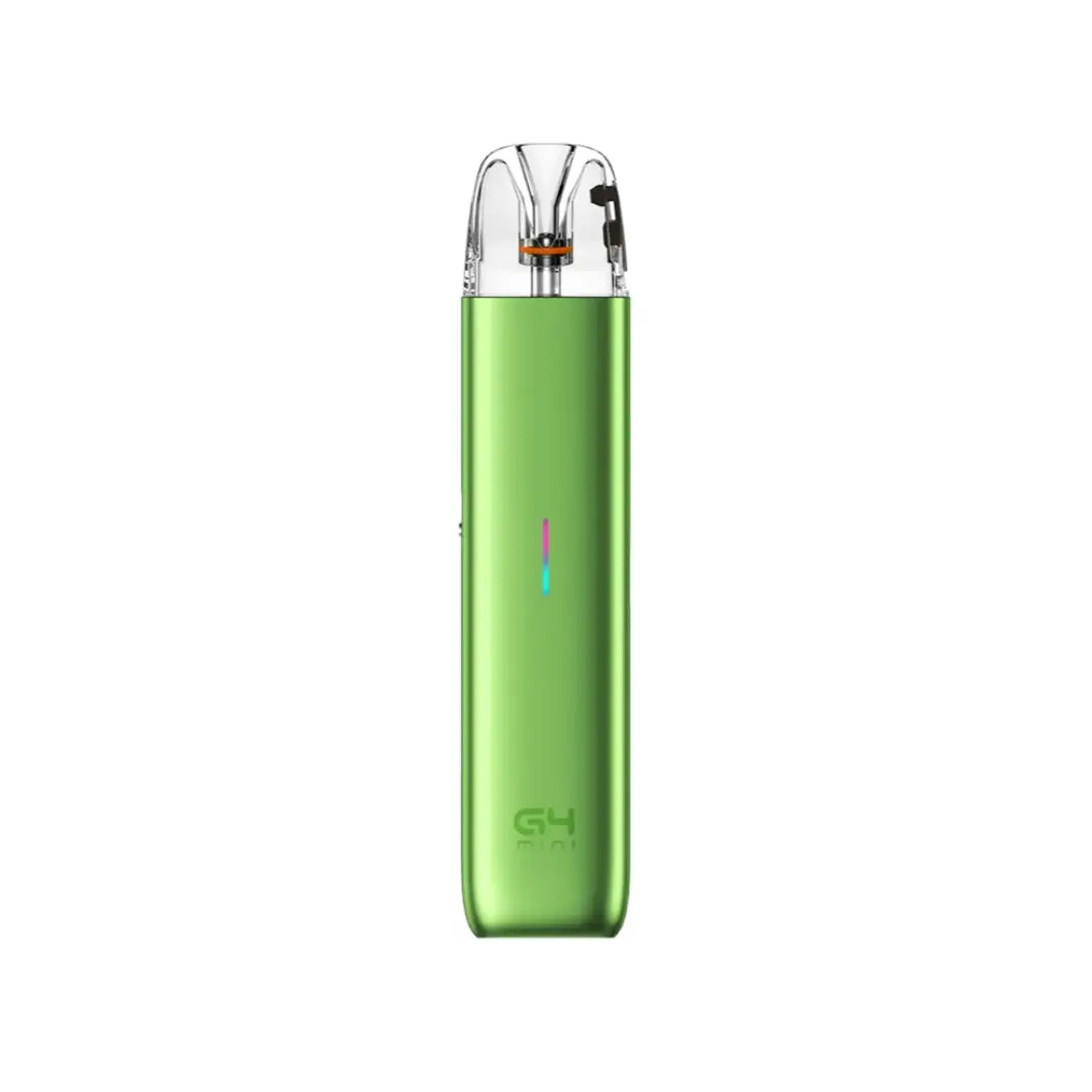 G4 Mini pod vape kit in Grass Green with a transparent top mouthpiece, visible coil, and a vertical LED indicator on the front.