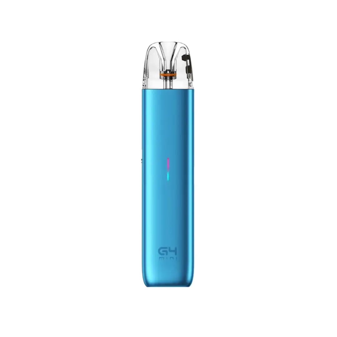 G4 Mini pod vape kit in Lake Blue with a transparent top mouthpiece, visible coil, and a vertical LED indicator on the front