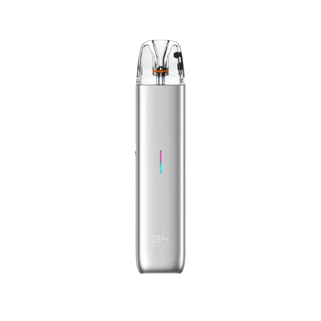 G4 Mini pod vape kit in Light Grey with a transparent top mouthpiece, visible coil, and a vertical LED indicator on the front
