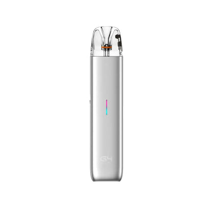 G4 Mini pod vape kit in Light Grey with a transparent top mouthpiece, visible coil, and a vertical LED indicator on the front