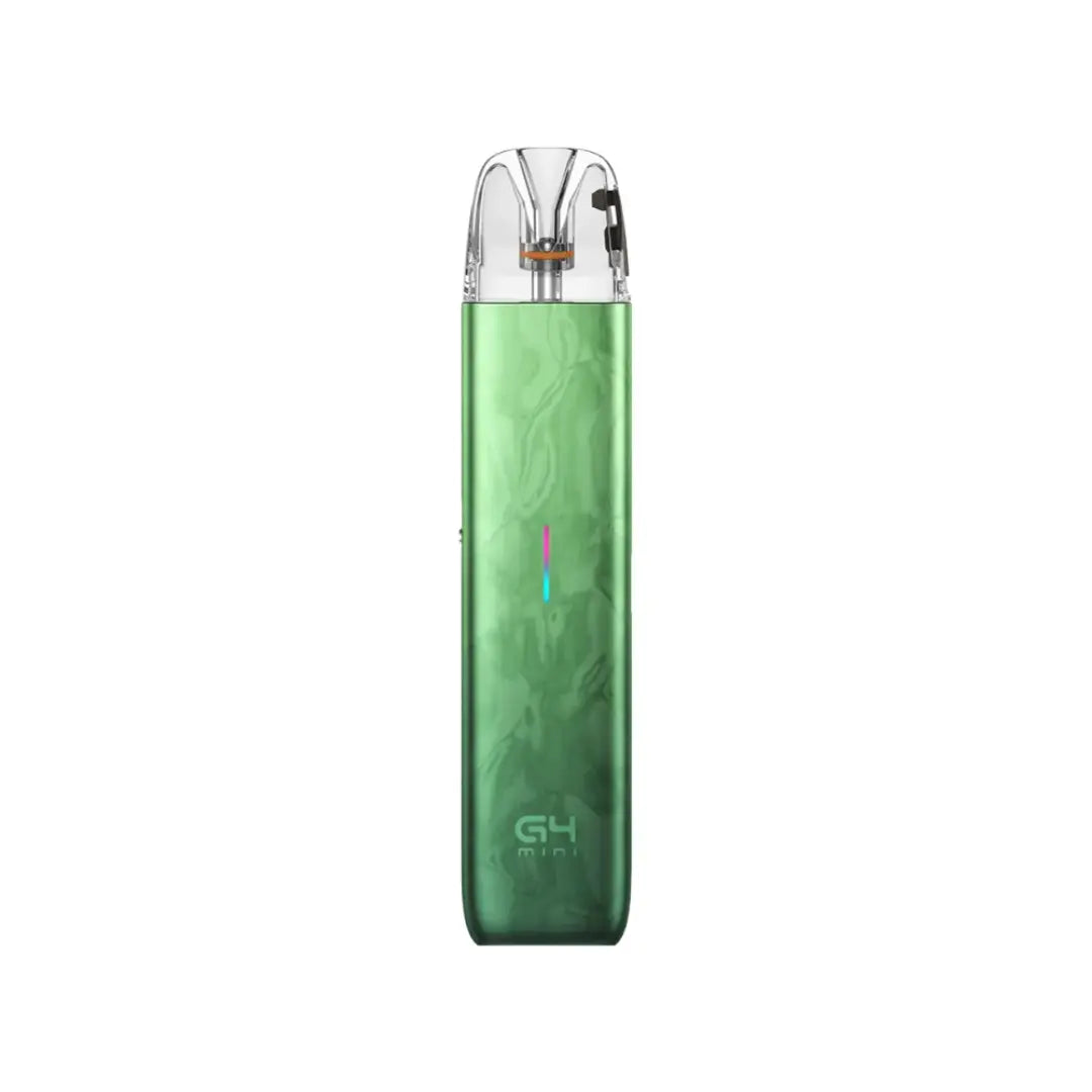 G4 Mini pod vape kit in Paddy Green with a transparent top mouthpiece, visible coil, and a vertical LED indicator on the front
