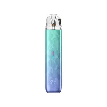 G4 Mini pod vape kit in Peafowl Emerald with a transparent top mouthpiece, visible coil, and a vertical LED indicator on the front