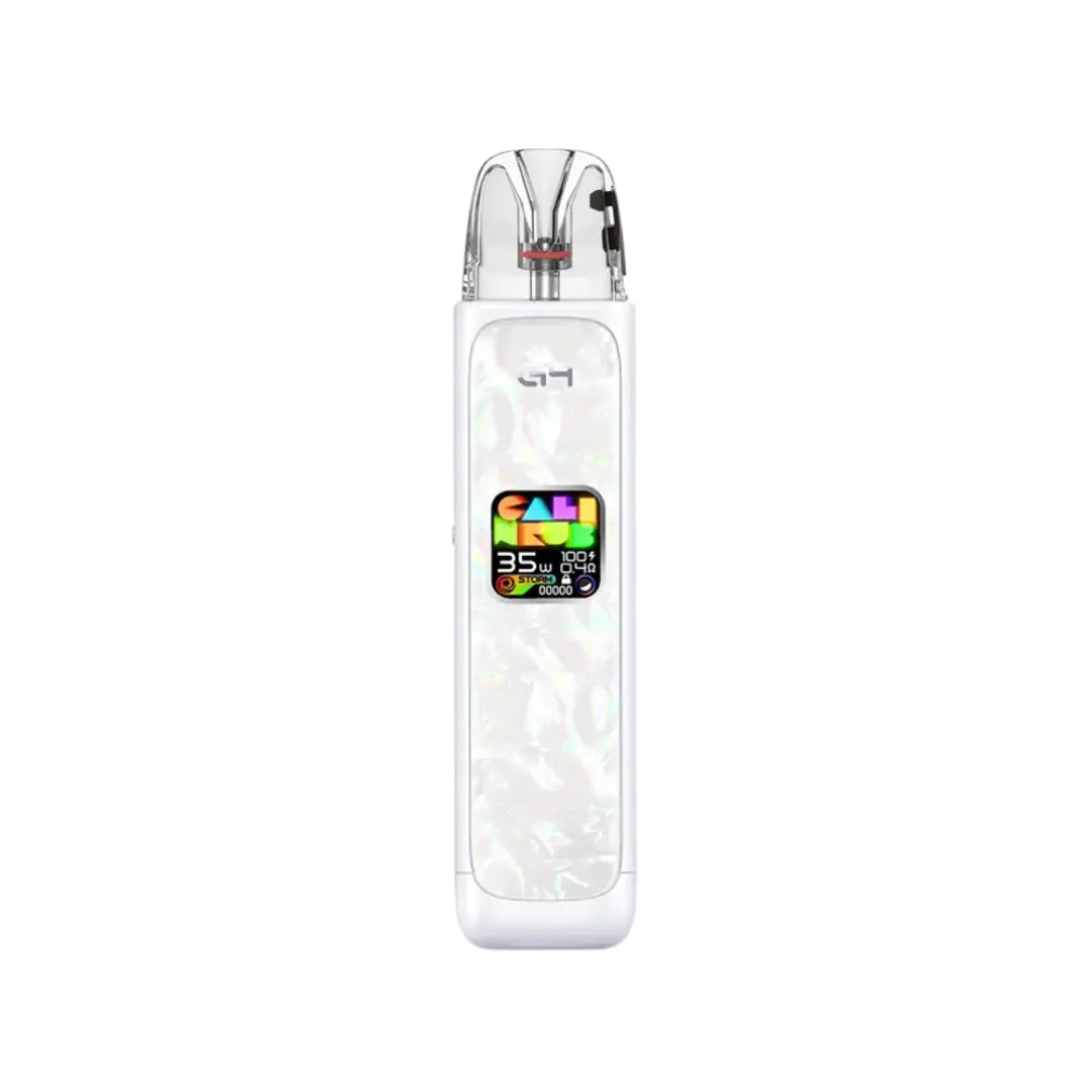 Uwell Caliburn G4 Pod Vape Kit in Seashell White Colour Displaying a colourful screen -  Perfect for nic salt e-liquids