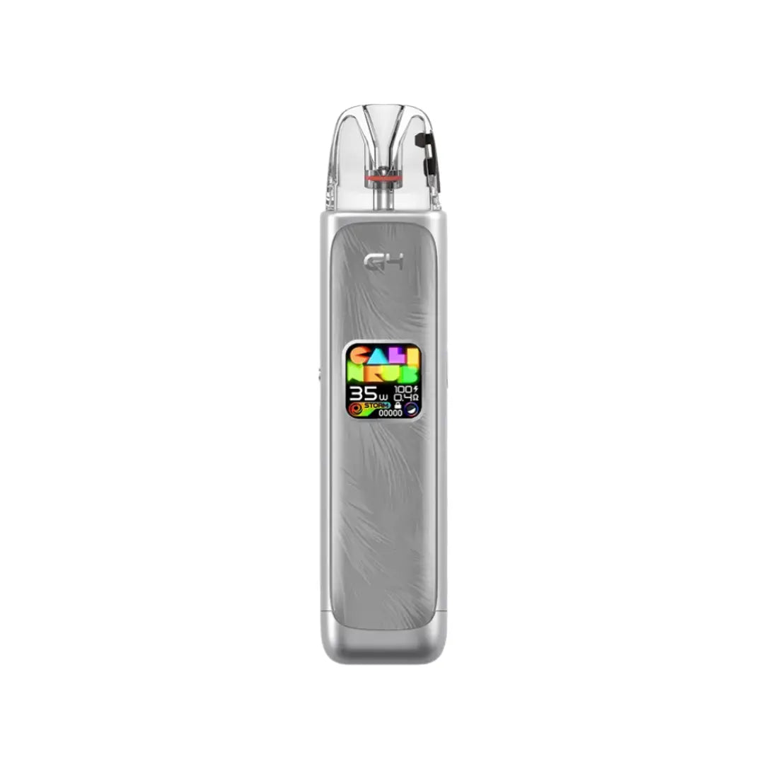 Uwell Caliburn G4 Pod Vape Kit in Twilight Silver Colour Displaying a colourful screen -  Perfect for nic salt e-liquids