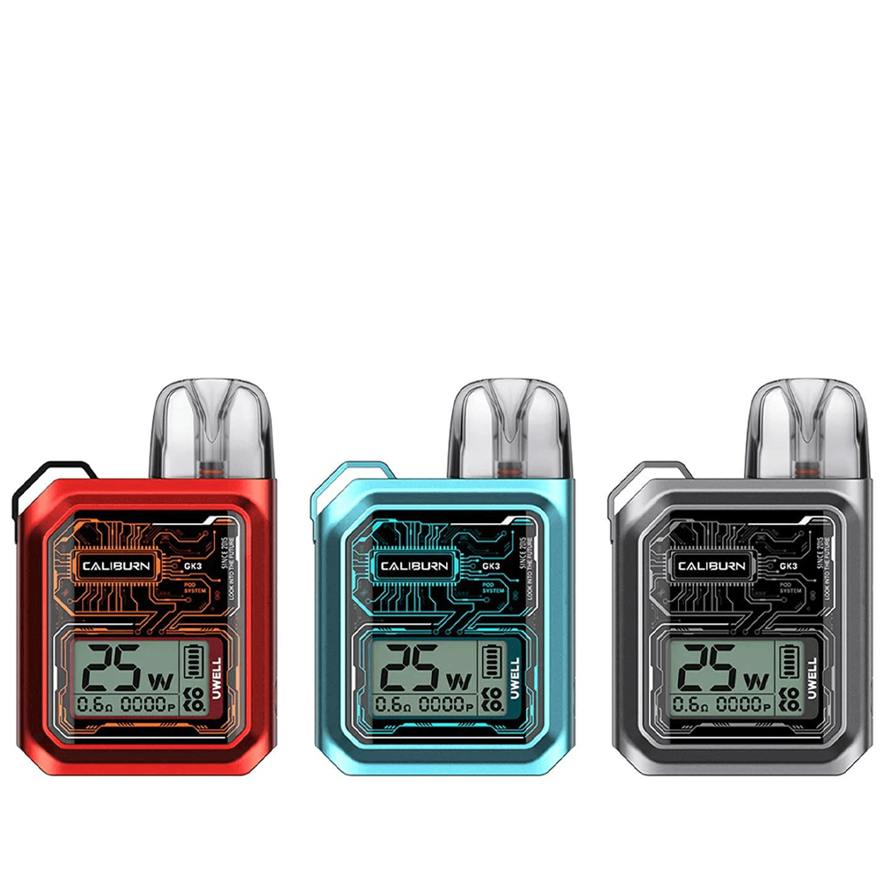 Three Uwell Caliburn GK3 Pod vape Kits in red, blue, and silver