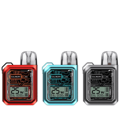 Three Uwell Caliburn GK3 Pod vape Kits in red, blue, and silver