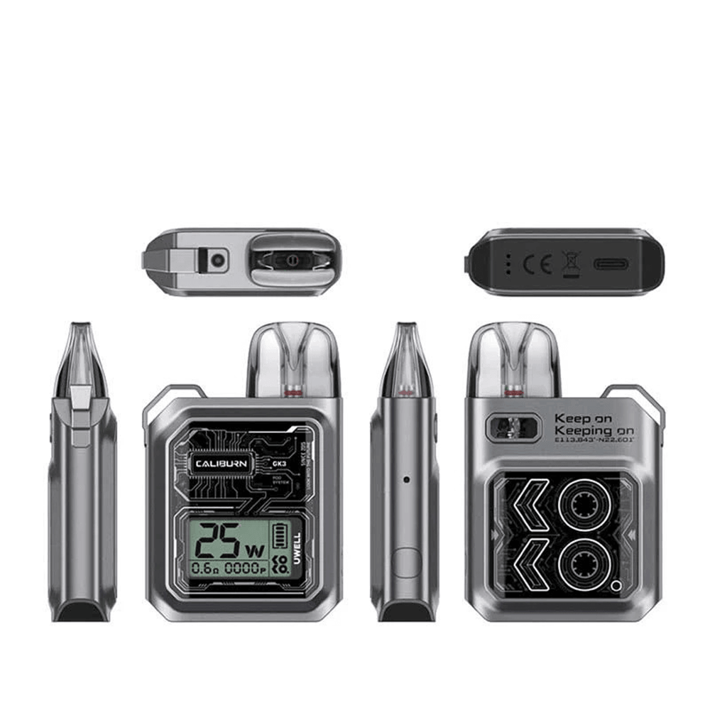 Uwell Caliburn GK3 Pod vape Kit in silver, multiple angles showing design and display.