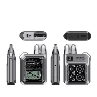 Uwell Caliburn GK3 Pod vape Kit in silver, multiple angles showing design and display.