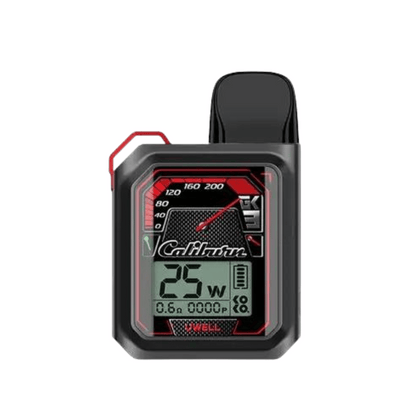 Uwell Caliburn GK3 vape pod kit in graphite, displaying digital wattage settings on screen.