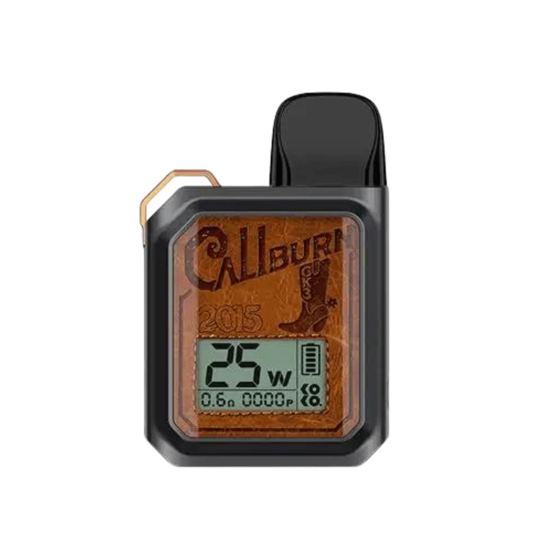 Uwell Caliburn GK3 Vape pod Kit in pitch black with display showing 25W power setting.