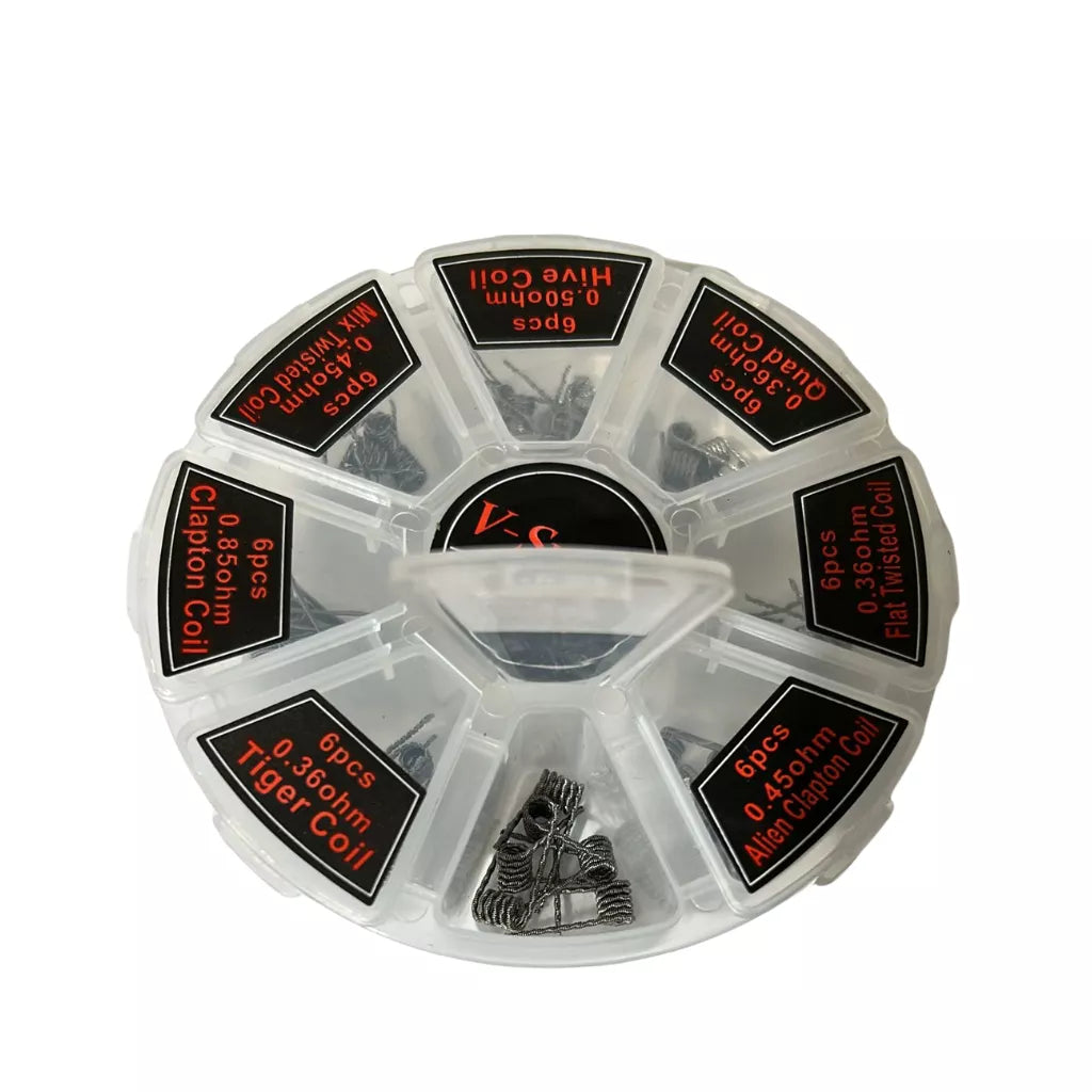 V-Smog 8-in-1 premade coil pack on a white background with one compartment open showing vape coils inside.