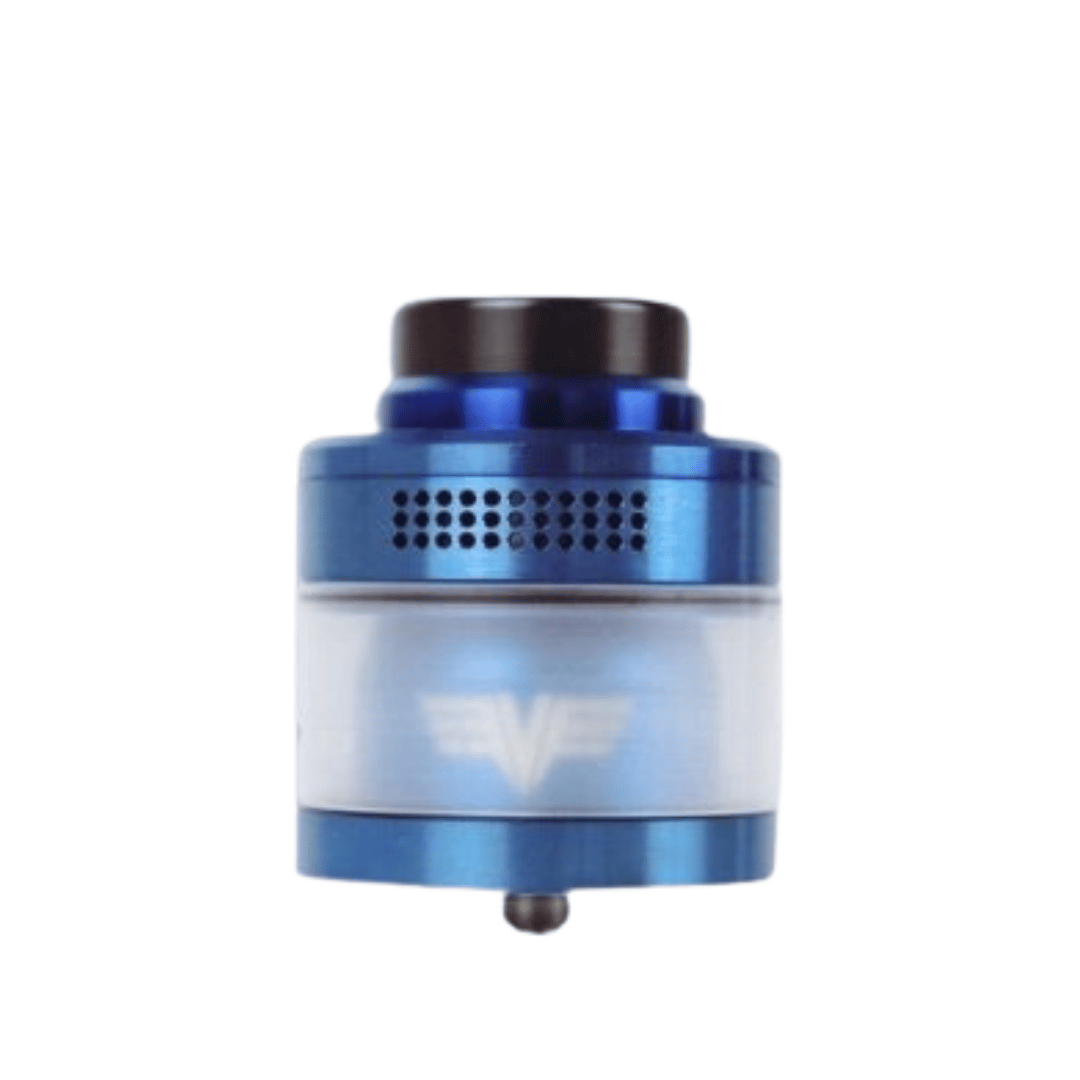 Blue Valkyrie XL RTA with black drip tip, showcasing new colours.