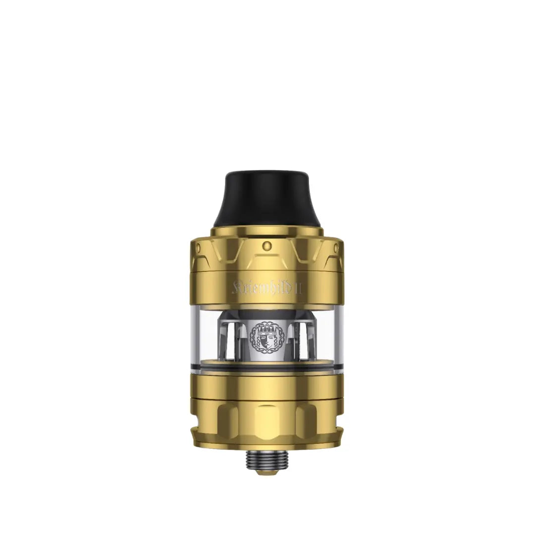Vapefly Kriemhild II Sub-Ohm Tank gold colour showing mesh coil chamber and top cap
