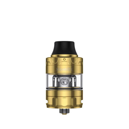 Vapefly Kriemhild II Sub-Ohm Tank gold colour showing mesh coil chamber and top cap
