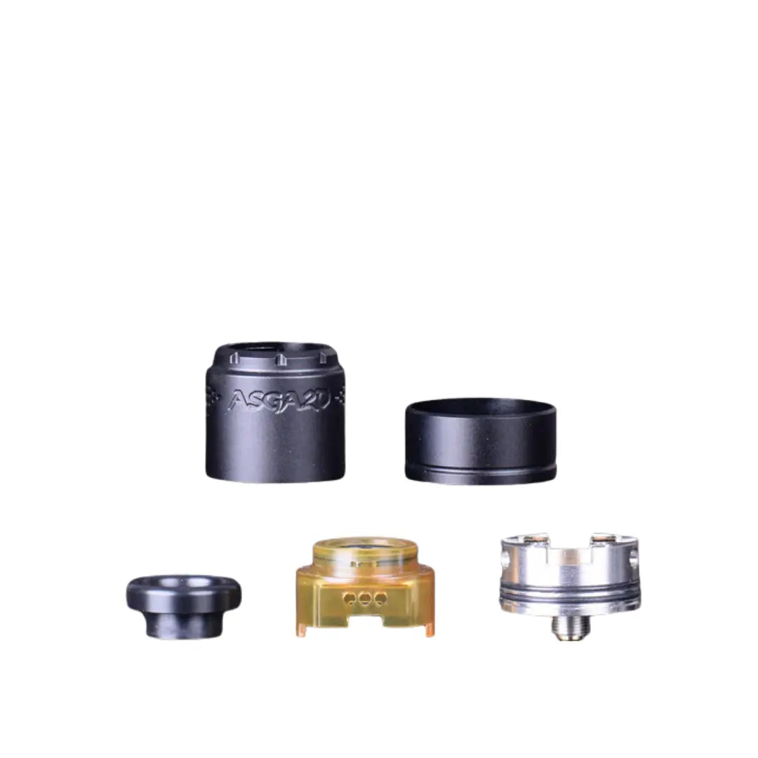 Vaperz Cloud Asgard Mini V2 RDA breakdown showing the build deck - Cap - Drip Tip