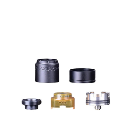 Vaperz Cloud Asgard Mini V2 RDA breakdown showing the build deck - Cap - Drip Tip