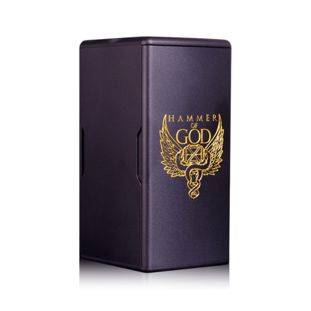 Vaperz Cloud Hammer of God 400 Box Mod, black with gold logo, standing upright.