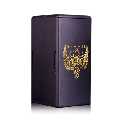Vaperz Cloud Hammer of God 400 Box Mod, black with gold logo, standing upright.