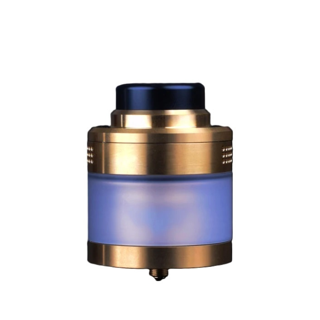 Gold Vaperz Cloud Valkyrie XL RTA with blue accents, isolated on a white background.