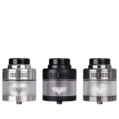 Three Vaperz Cloud Valkyrie XL RTAs in black, silver, and gunmetal on a white background.