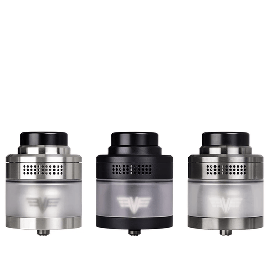 Three Vaperz Cloud Valkyrie XL RTAs in black, silver, and gunmetal on a white background.