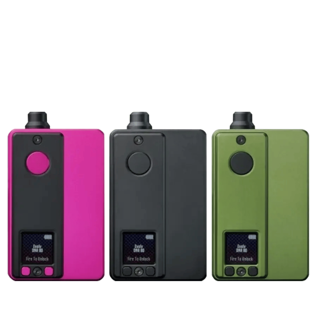 Three Vaperz Cloud x Gerobak SAN AIO DNA80C Boro Kits in pink, black, and green.
