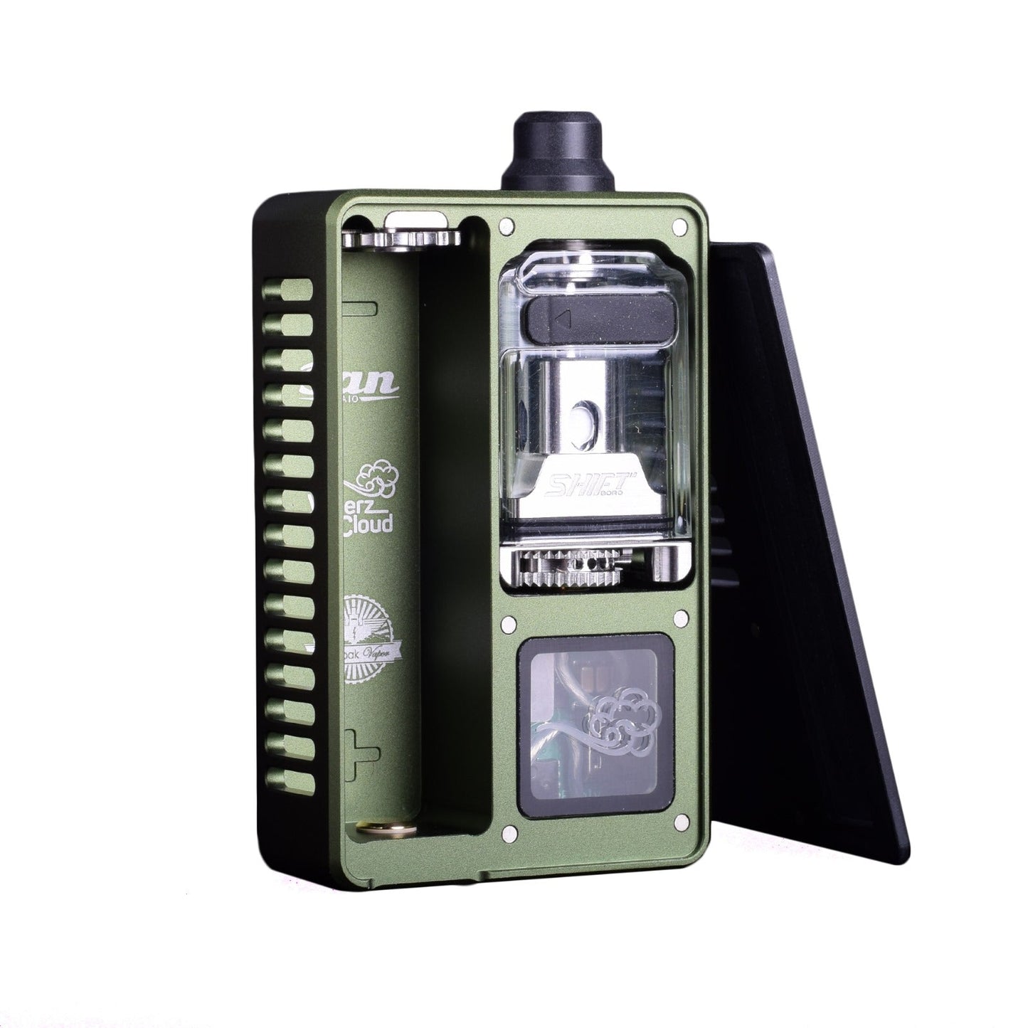 Vaperz Cloud x Gerobak SAN AIO DNA80C in olive green with sleek design and visible components.