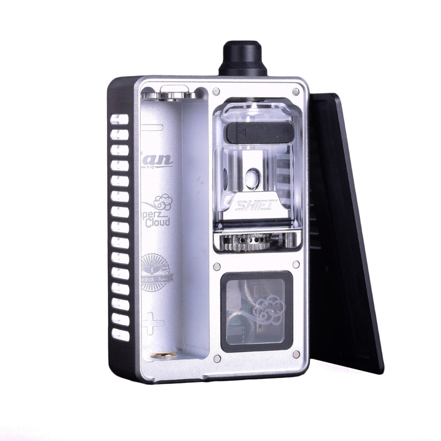 Vaperz Cloud x Gerobak San AIO DNA80C in raw silver with visible branding and components.