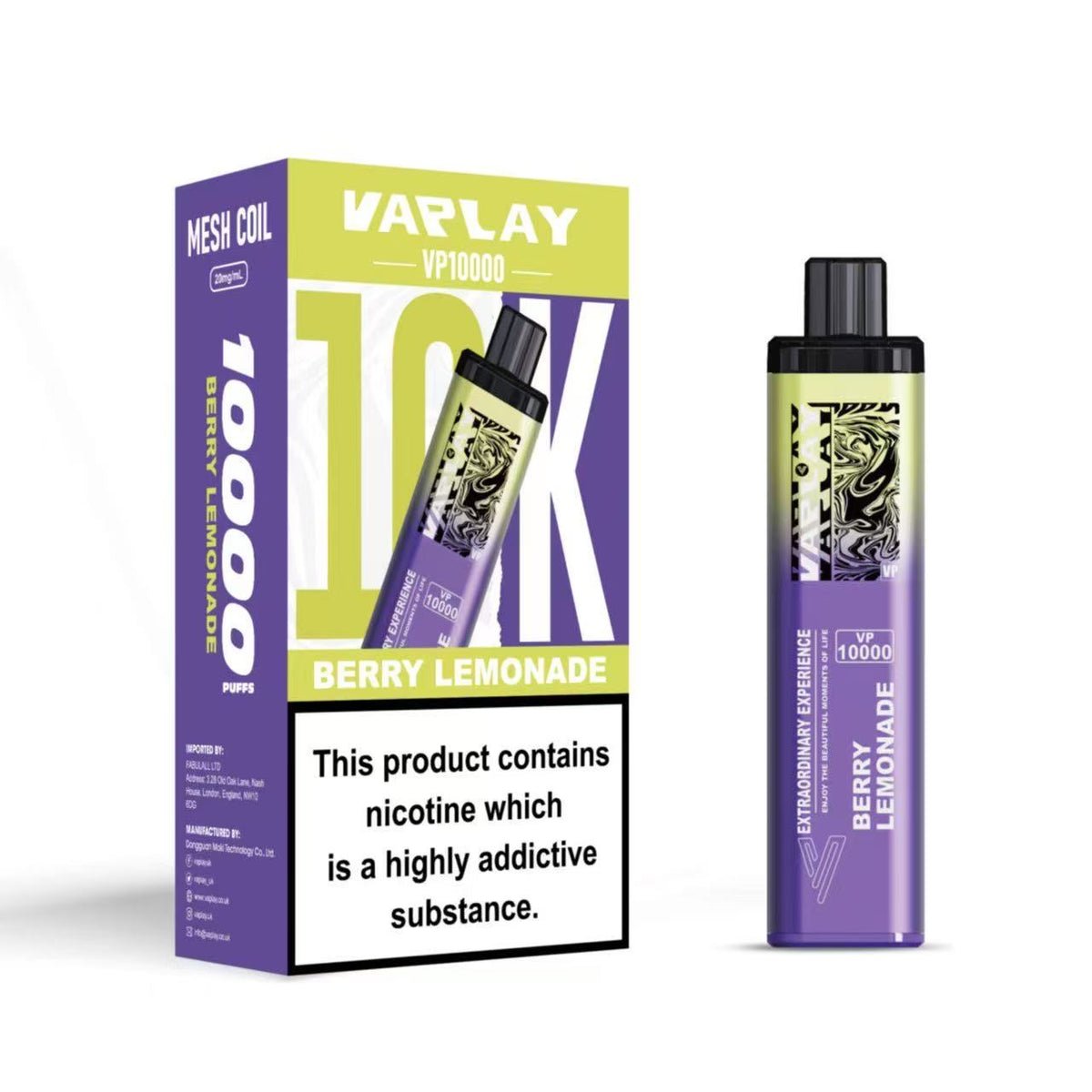 Vaplay VP10000 Prefilled Pod Vape Kit Box of 5, Berry Lemonade Flavour
