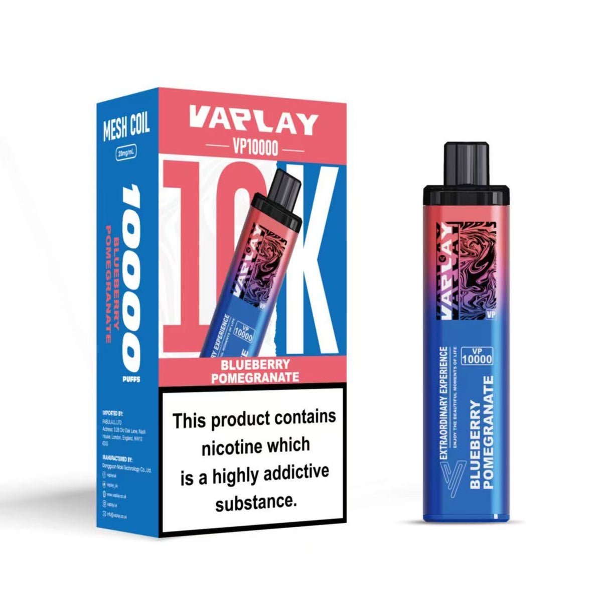 Vaplay VP10000 Prefilled Pod Vape Kit Box of 5, Blueberry Pome Granate Flavour
