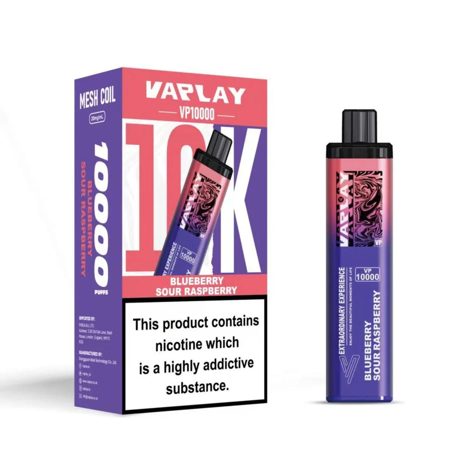 Vaplay VP10000 Prefilled Pod Vape Kit Box of 5, Blueberry Sour Raspberry Flavour