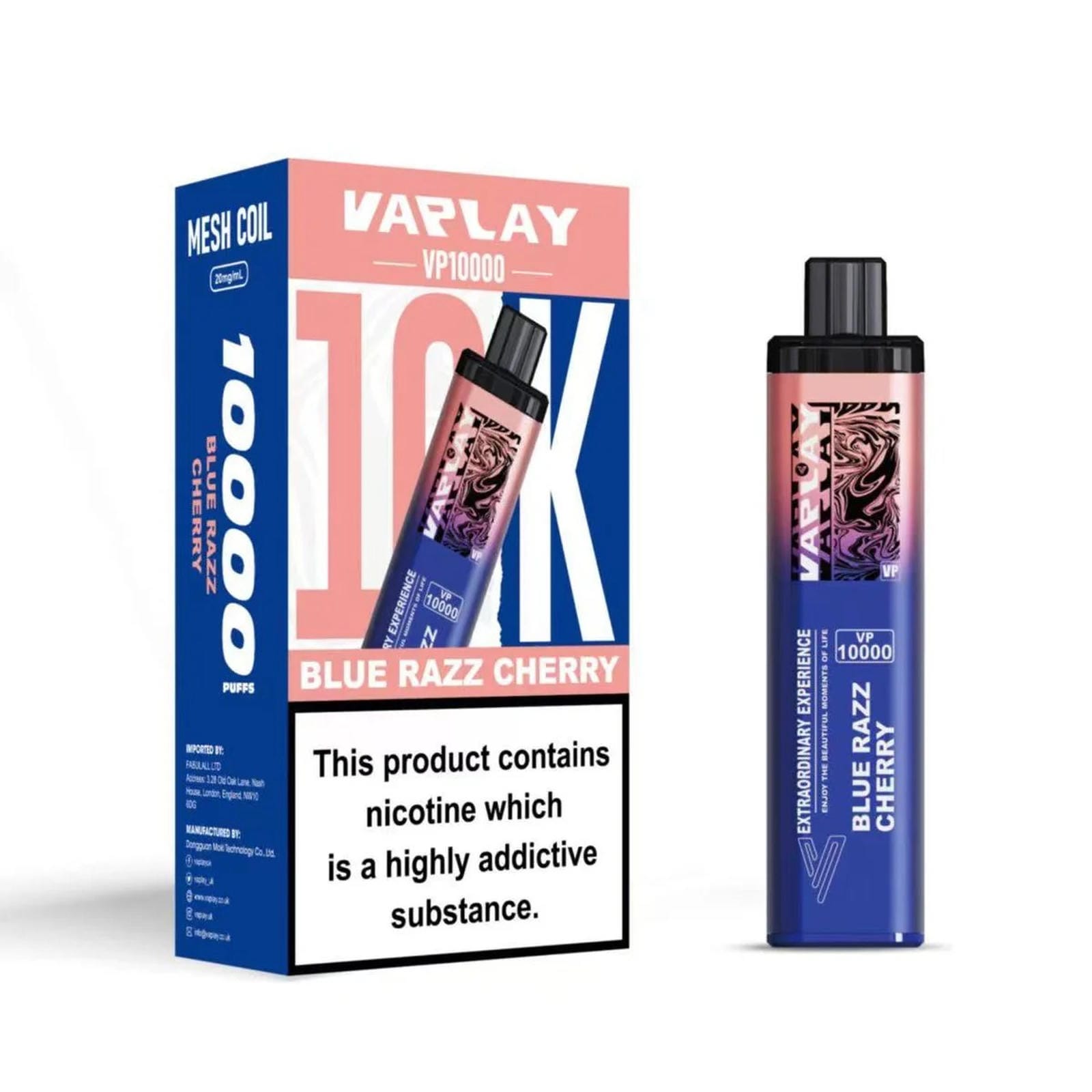 Vaplay VP10000 Prefilled Pod Vape Kit Box of 5, Blue Razz Cherry Flavour