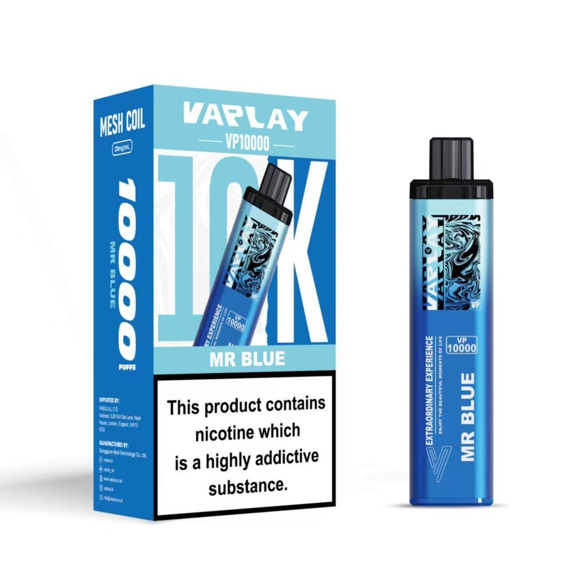 Vaplay VP10000 Prefilled Pod Vape Kit Box of 5, Mr Blue Flavour