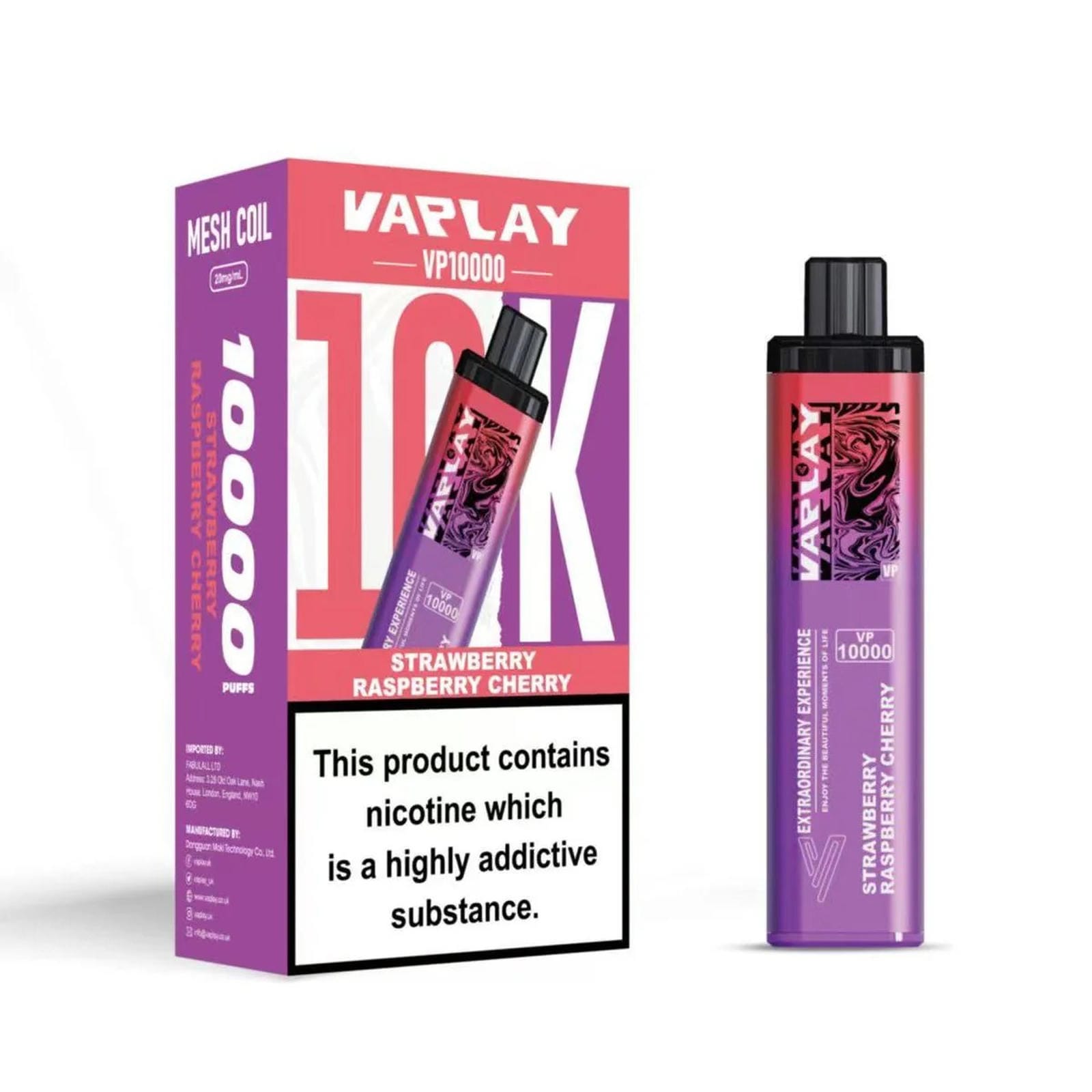 Vaplay VP10000 Prefilled Pod Vape Kit Box of 5, Strawberry Raspberry Cherry Flavour