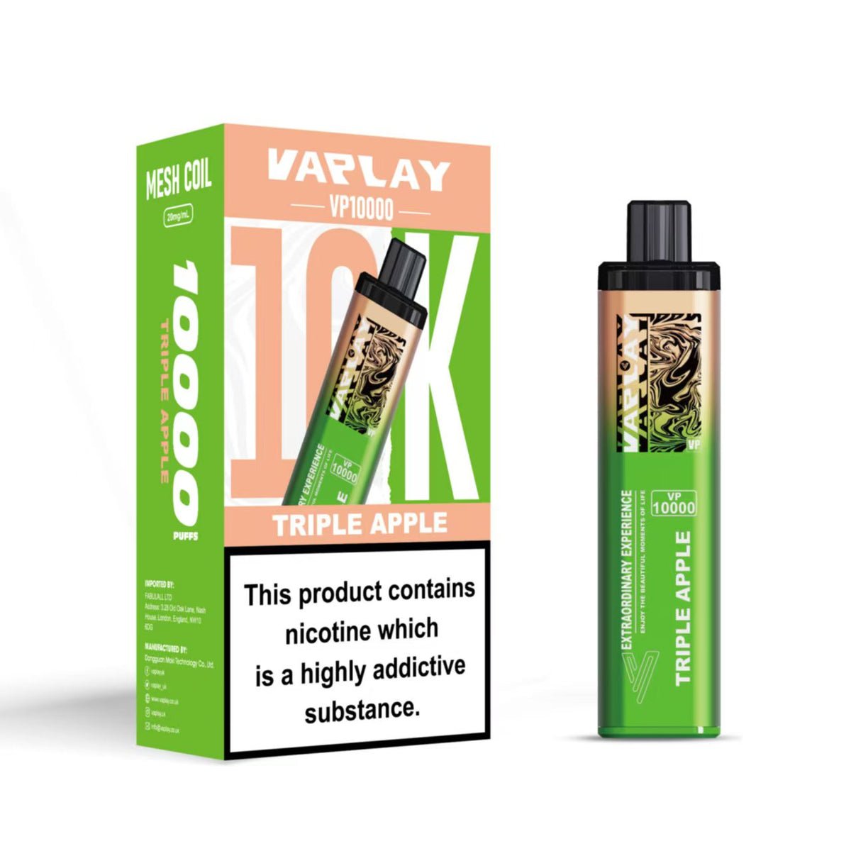 Vaplay VP10000 Prefilled Pod Vape Kit Box of 5, Triple Apple Flavour