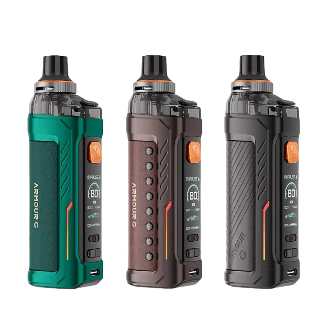 Three Vaporesso Armour G Pod Vape Kits in green, brown, and black.